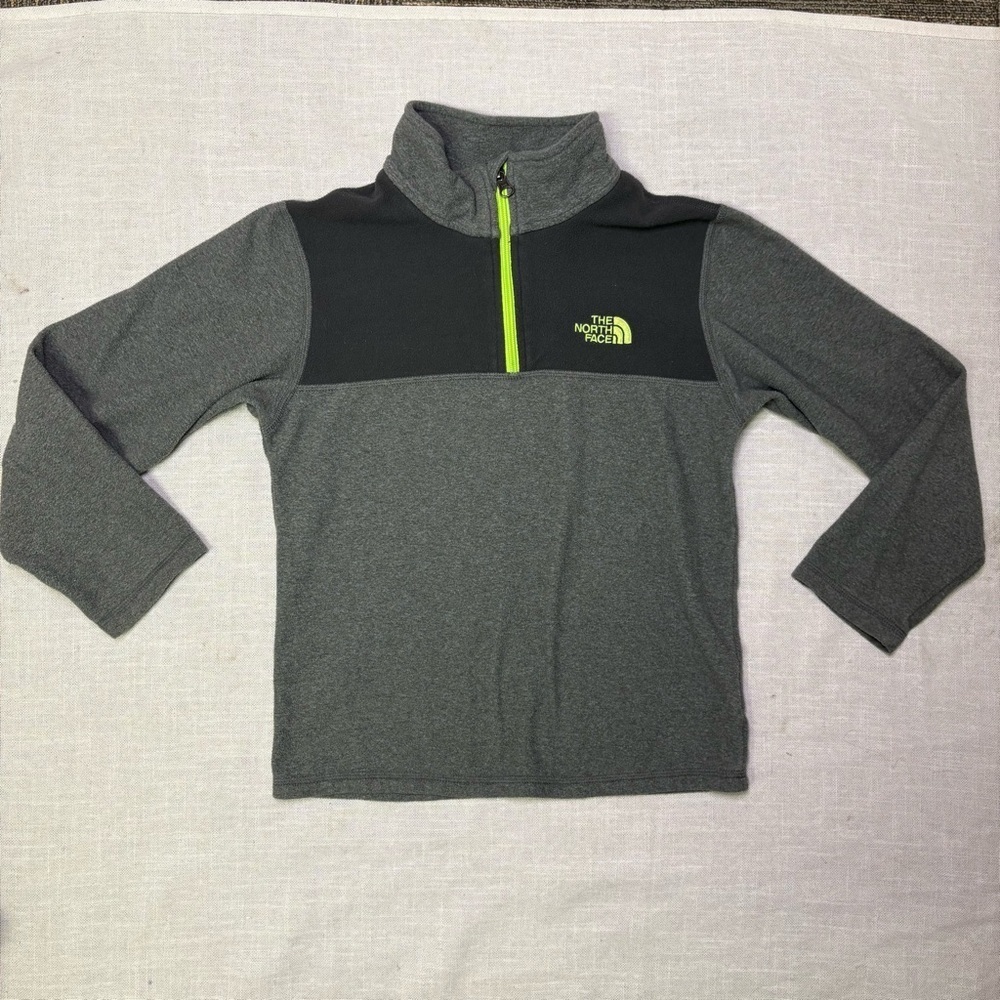 The North Face Boys Med 10-12 Grey Pullover Green Quarter Zip Fleece Sweat